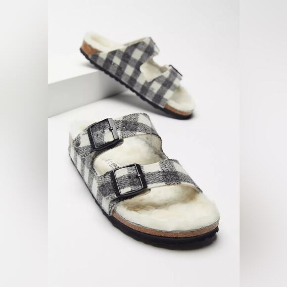 Birkenstock Mens Arizona Plaid Black White Shearling Wool Sandal 11 - Picture 1 of 9